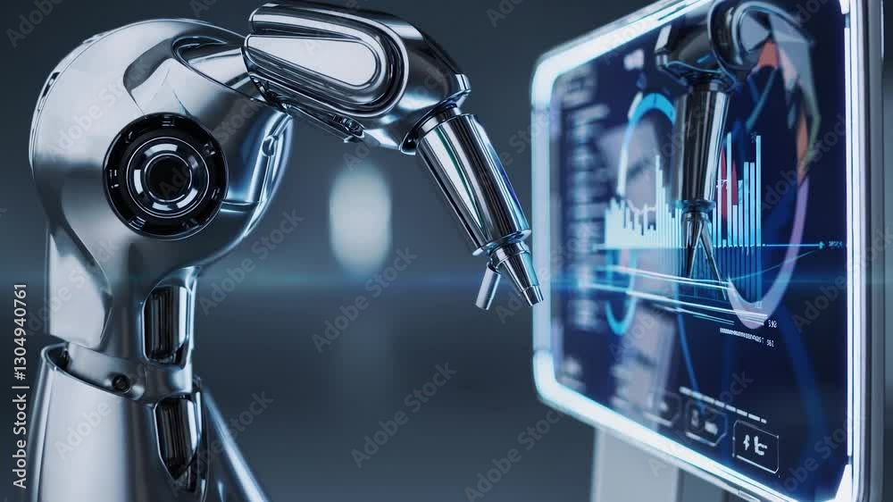 Poster advanced robotic arm examining complex data visualized on a futuristic transparent screen, showcasin