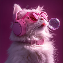 A cat enjoying music with headphones on.