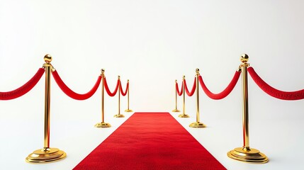 A luxurious red carpet with golden stanchions and ropes, symbolizing elegance and glamour.