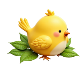 Cute cartoon yellow bird sitting on green leaves, transparent background