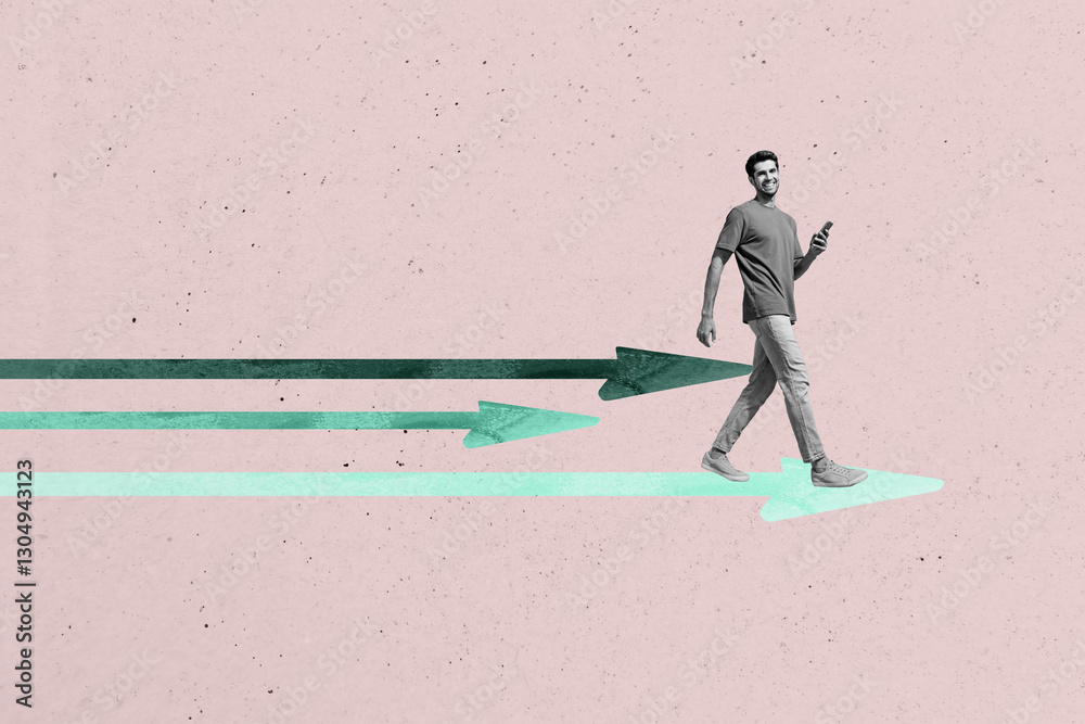 Poster composite image sketch photo collage of happy businessman walk arrow hold phone development pointer 