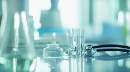 Lab glassware, test tubes, stethoscope on a table, scientific research image