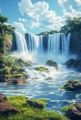 Fototapeta premium Majestic Waterfall Cascading Through Lush Green Landscape Under Bright Blue Sky with Fluffy White Clouds and Sunlight Reflecting on Clear Water Surface