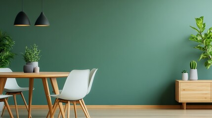 Modern dining room, green wall, plants, wood table