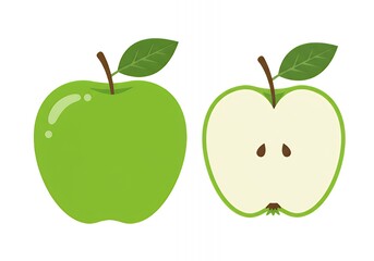 Green Apple and Half Apple Illustration with Leaves on White Background