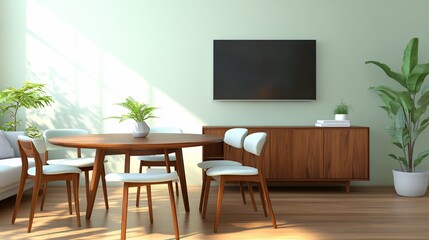 Modern dining room, sunlight, TV, plants, interior design