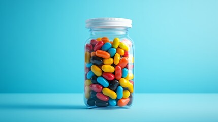 Colorful Oval Candies in Clear Glass Jar on Blue Background