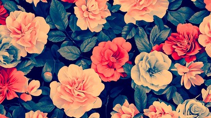 A vibrant floral pattern featuring colorful roses and lush green leaves.