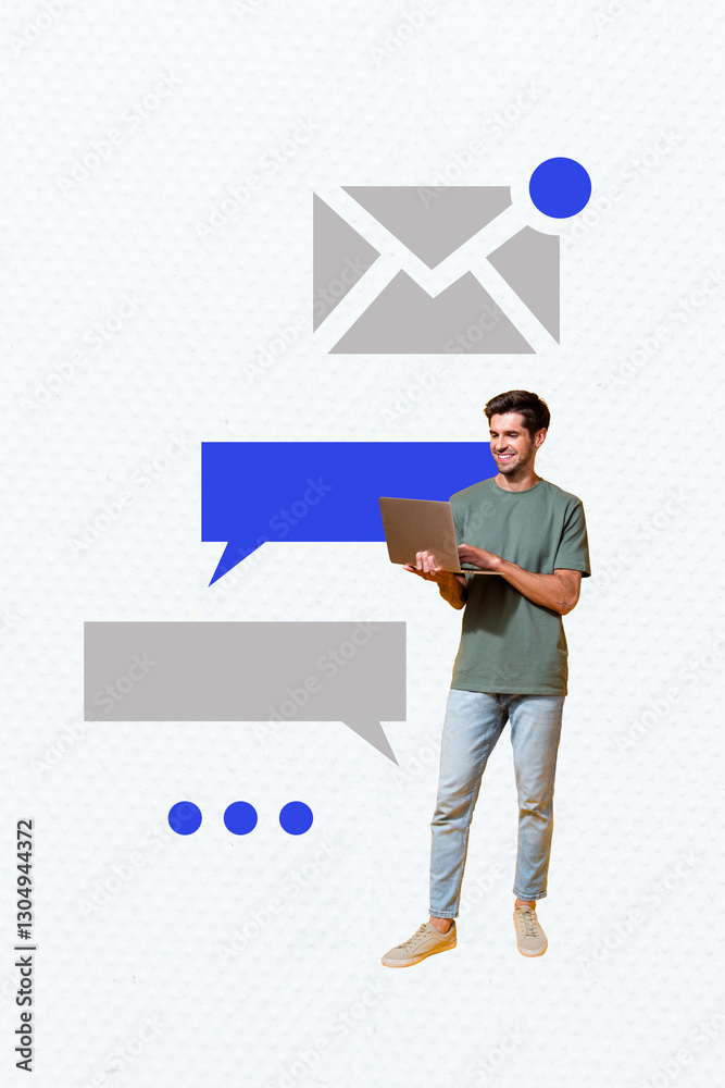 Aufkleber sketch image artwork composite 3d photo collage of young man stand type laptop email speech texting 