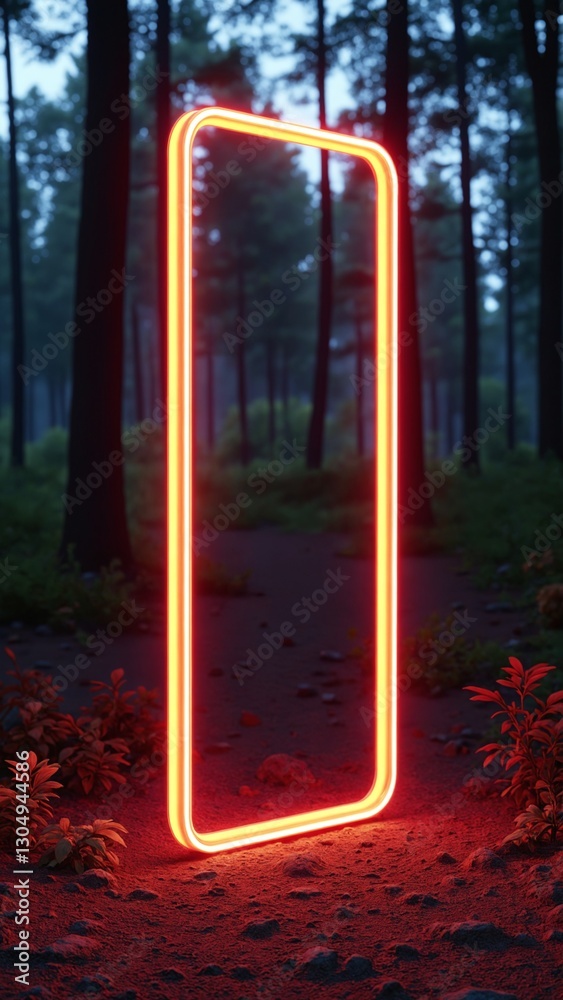 Poster rectangular neon shimmering luminous form on the background of a dirt forest surface, rectangular neon for product display presentation