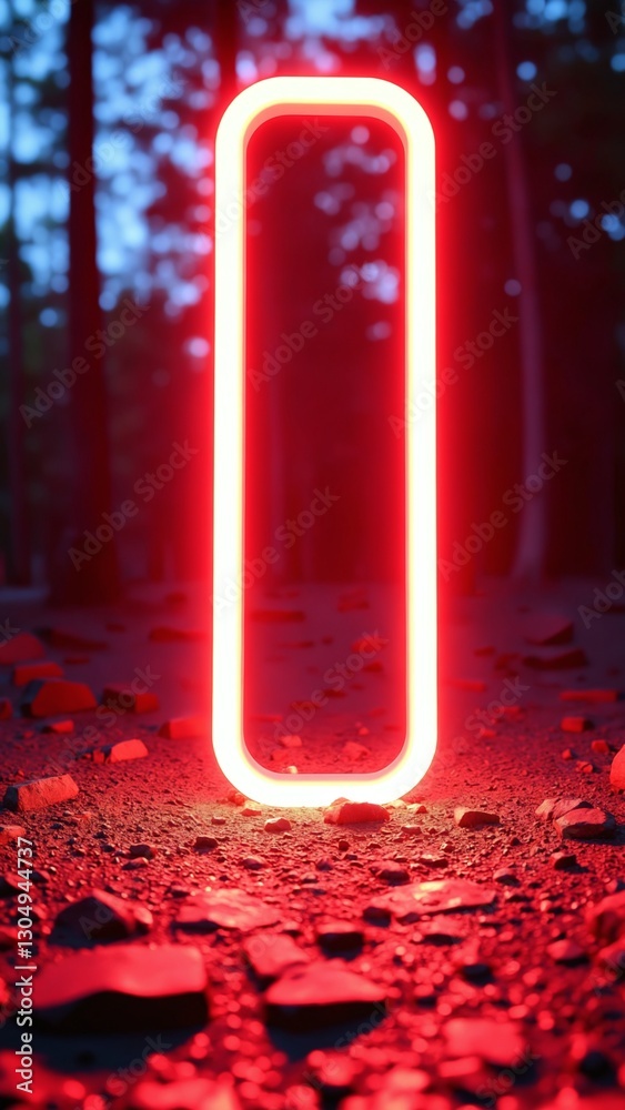 Poster rectangular neon shimmering luminous form on the background of a dirt forest surface, rectangular neon for product display presentation