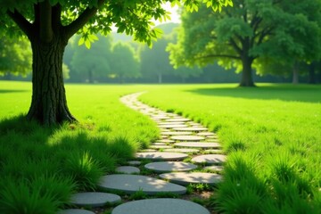 Naklejka premium Serene Garden Path Winding Through Lush Green Grass and Under the Shade of Majestic Trees