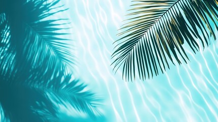Rippling turquoise water surface with gentle waves and soft light. Palm leaf shadows dance on the serene tropical pool, creating a tranquil atmosphere. 