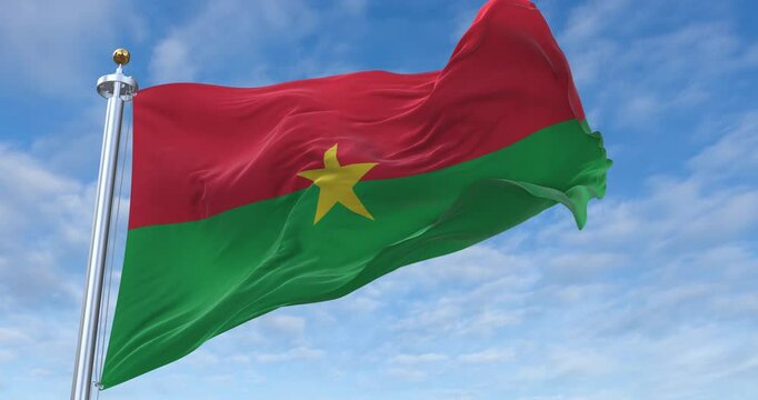 Burkina Faso flag with flagpole waving in wind, rolling clouds background looping, 4K video (Perfect Loop)