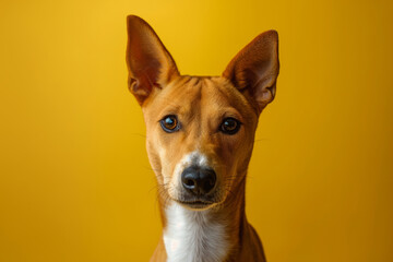 Obraz premium Basenji dog on minimalistic colorful background with Copy Space. Perfect for banners, veterinary ads, pet food promotions, and minimalist designs.
