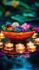 Edible Flowers Adorn A Bowl Of Salad By Candlelight