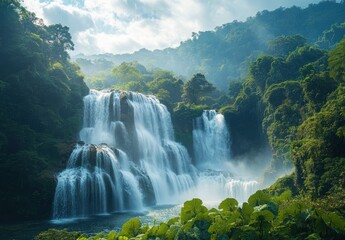 Fototapeta premium Majestic Waterfall Cascading Through Lush Greenery under a Soft Misty Sky in a Serene Tropical Landscape Setting