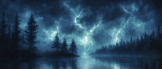 Fototapeta premium Night storm over lake, dark forest, moody landscape, nature background
