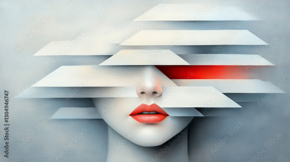 Poster Minimalist visage enveloped by floating triangular prisms, blending soft pastels with stark shadows,