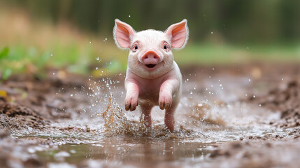 Joyful Piglet's Splash: A cheerful piglet, radiating pure delight, runs through a puddle, splashing water with unrestrained glee in a charming and dynamic scene.