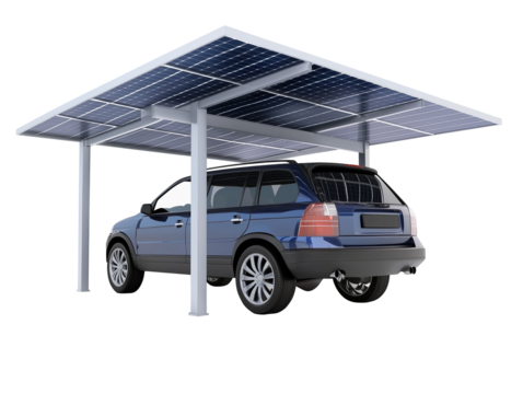 A blue SUV is parked beneath a solar panel carport, showcasing a sustainable solution for parking. The structure provides shade while utilizing renewable energy.