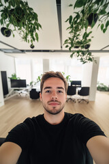 Smiling Young Professional Taking a Selfie in Startup Workspace