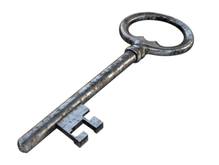 A vintage metal key features a distinctive design and demonstrates signs of age with rust and wear. It rests against a neutral transparent background, emphasizing its historical character.