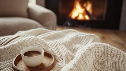 Cozy coffee by fireplace, warm blanket