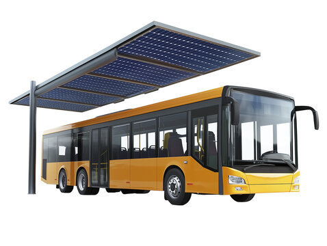A bright yellow bus is parked at a contemporary station equipped with solar panels on the roof. This setup promotes sustainability and eco-friendly public transport solutions.