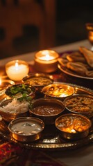 Golden Bowls Of Indian Cuisine Glowing With Candlelight