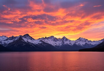 Fototapeta premium A serene and breathtaking view of a mountain range with snow-covered peaks overlooking a large body of water during sunset.