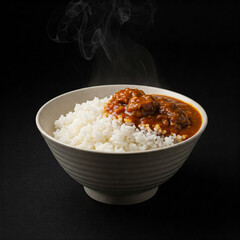 Hot rice in bowl with spicy beef curry on dark background 