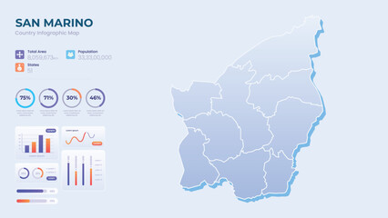 Infographic Map of San Marino. Total Area, Papulation, States & More Detailed Infographic Map of San Marino. Vector Illustration