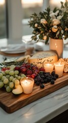 Naklejka premium Gourmet Cheese Board With Fruit And Candles