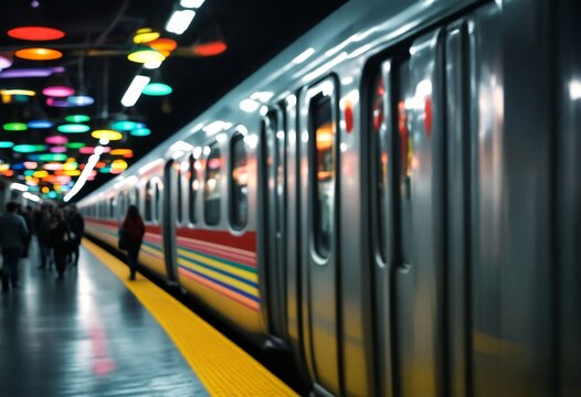 A train in the subway station with people walking around.