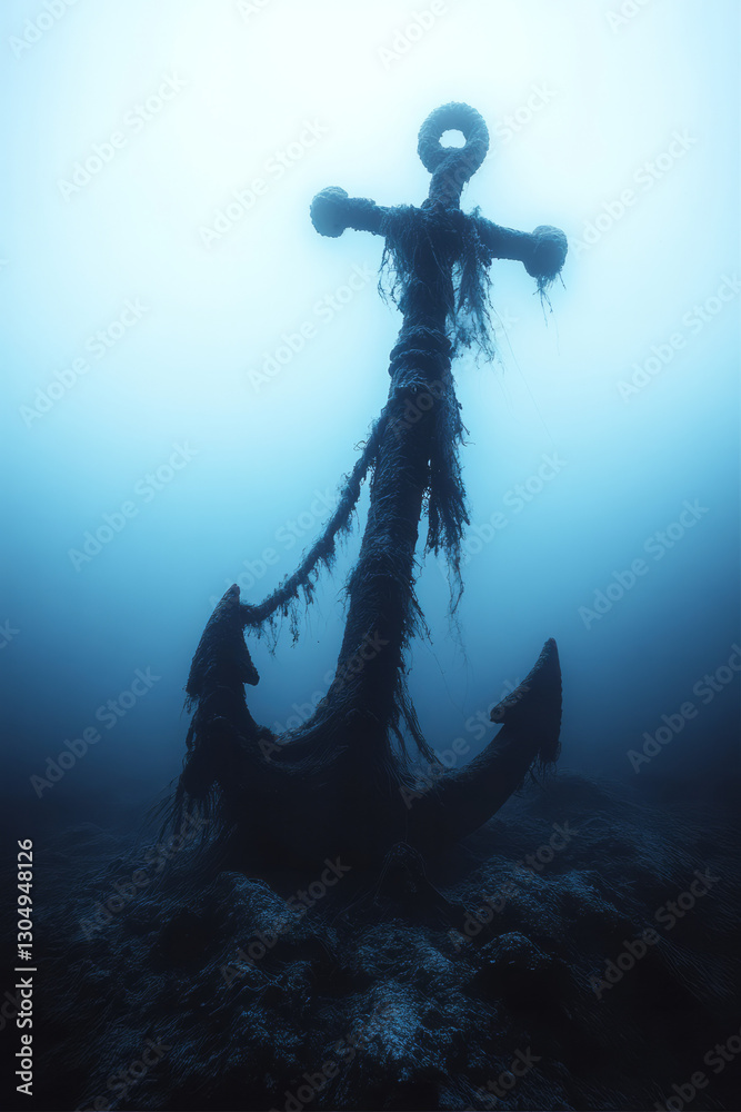 Poster a cinematic shot featuring a contorted anchor draped in wispy tendrils of textured fuzz,