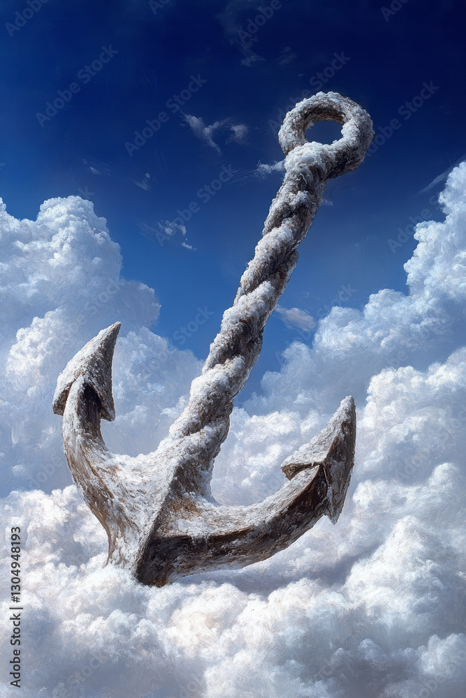 Poster A whimsical scene of a twisted anchor anchored to nothing but fuzzy, cloudlike textures, suggesting
