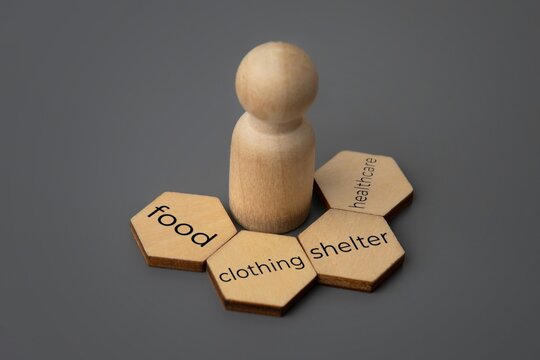 Wooden doll with word FOOD, CLOTHING, SHELTER and HEALTHCARE. Four basic human need concept.