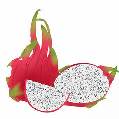 A stunning dragon fruit icon with a realistic texture, showcasing its bright red-pink skin, fresh green leaves, and speckled white flesh. Perfect for exotic fruit designs and healthy food visuals.

