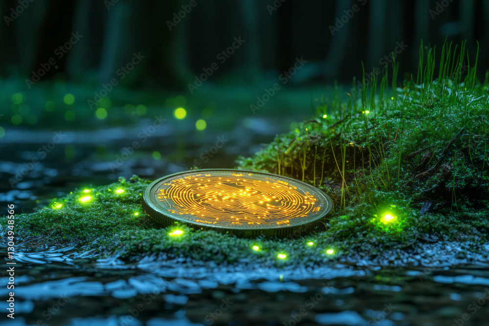 Fototapete a macro image of a coin that appears etched with glowing circuit motifs, partially buried in a