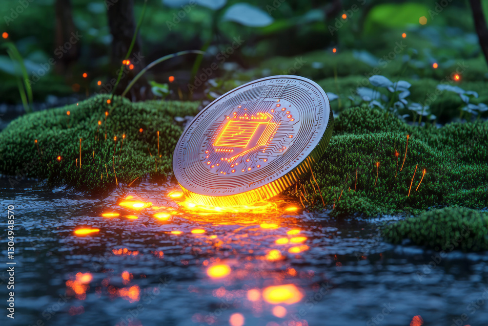 Aufkleber A macro image of a coin that appears etched with glowing circuit motifs, partially buried in a