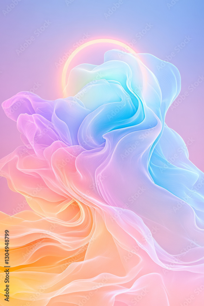 Poster an ultramodern composition featuring a translucent holographic veil swirling around a luminescent