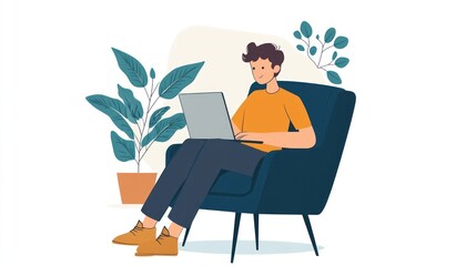 Man working on laptop in armchair, home office setting, illustration, potential use for productivity, work from home