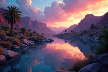desert oasis at dusk with sky reflected in calm lake, serene, peaceful haven, oasis