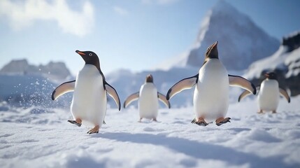 Fototapeta premium Penguins waddle across Antarctic snow, mountains background, wildlife documentary