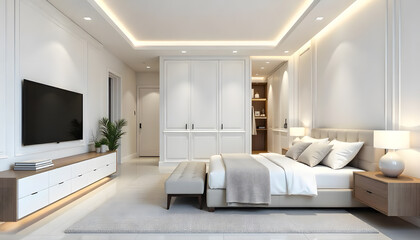 A Modern luxury bedroom decorate with white color built-in cupbopard,wall paneling and tv cabinet