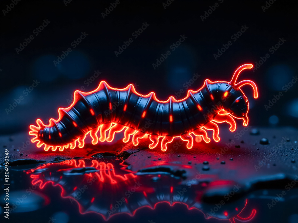 Sticker neon a glowing red and black bug is lit up in a dark room. the bug is surrounded by a dark backgroun