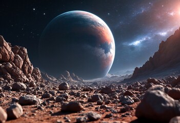 A large planet with orange and blue hues floating above a rocky landscape dotted with small grey rocks.
