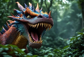 A fantasy dragon with vibrant colors and sharp teeth roars in the middle of a forest.
