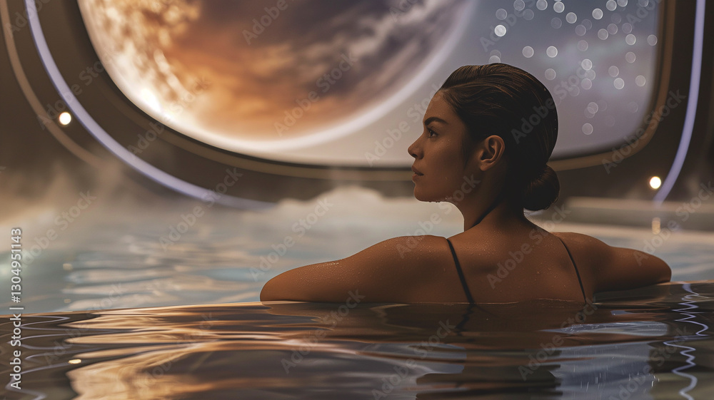 Poster This passenger enjoys a serene soak in a space hotel pool while gazing at distant planets.